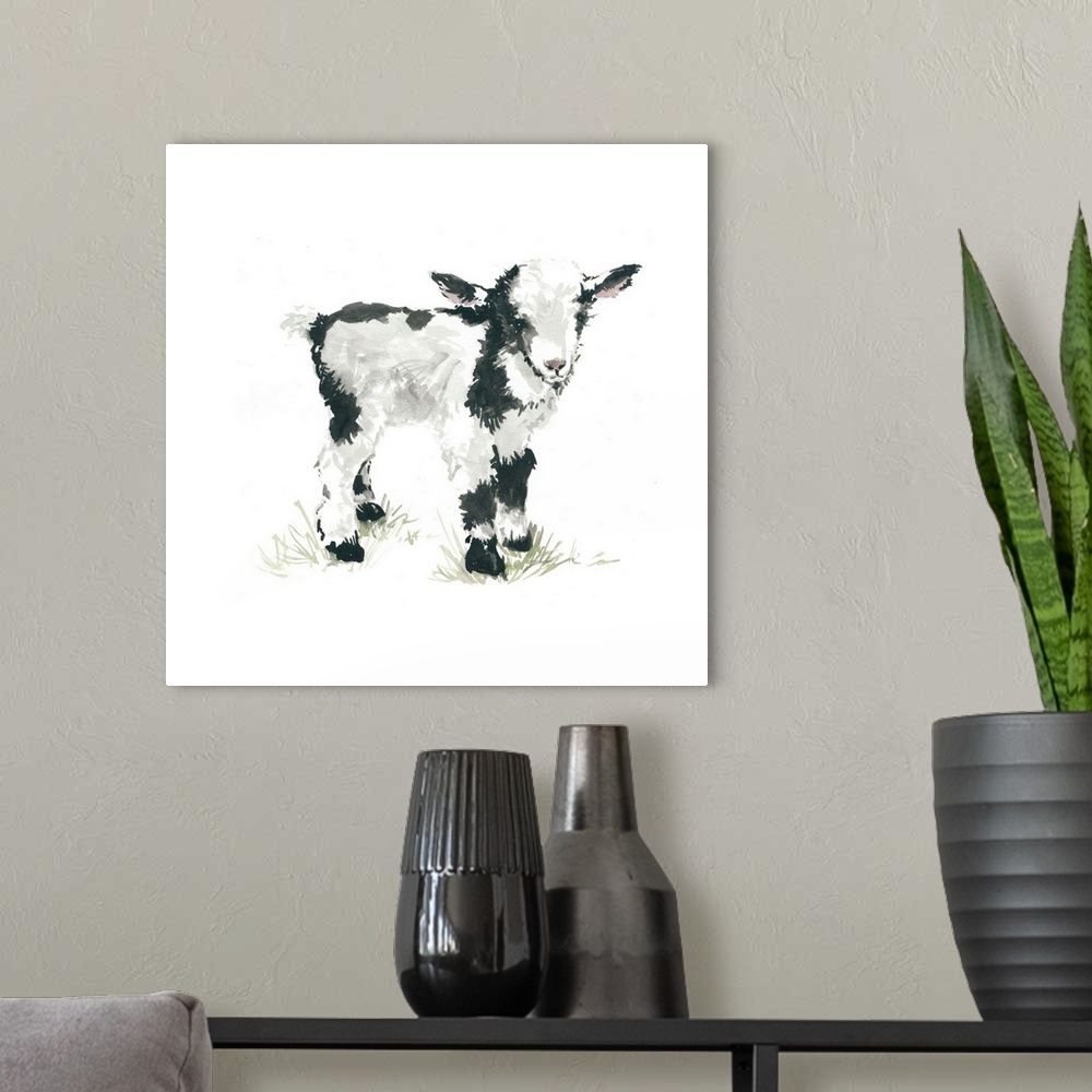 A modern room featuring Cute illustration of a small black and white goat.