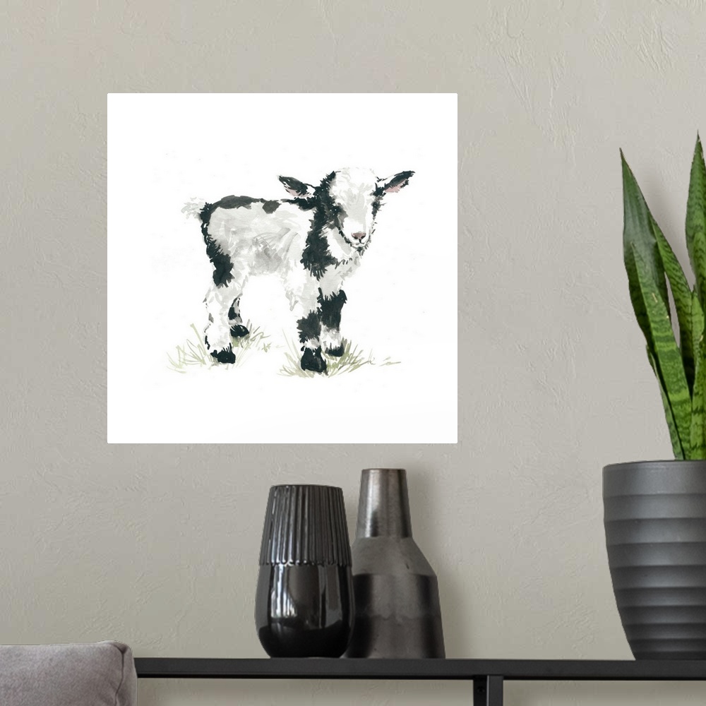 A modern room featuring Cute illustration of a small black and white goat.