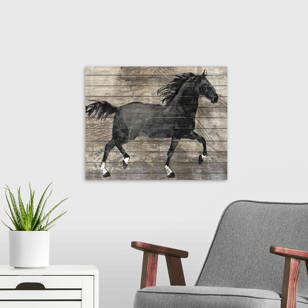 A modern room featuring A decorative image of a black horse on a rustic wood backdrop.