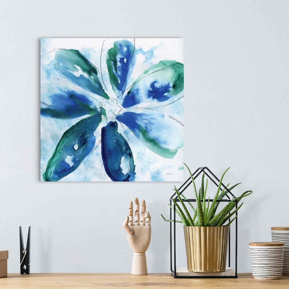A bohemian room featuring Abstract painting of a flower in blue and green tones with a thin black tracing on a square backg...