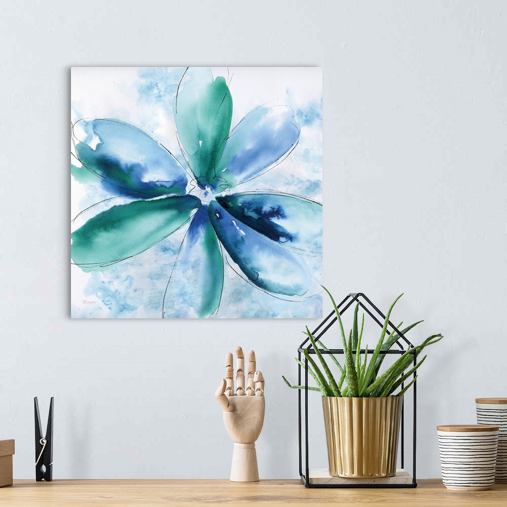 A bohemian room featuring Abstract painting of a flower in blue and green tones with a thin black tracing on a square backg...