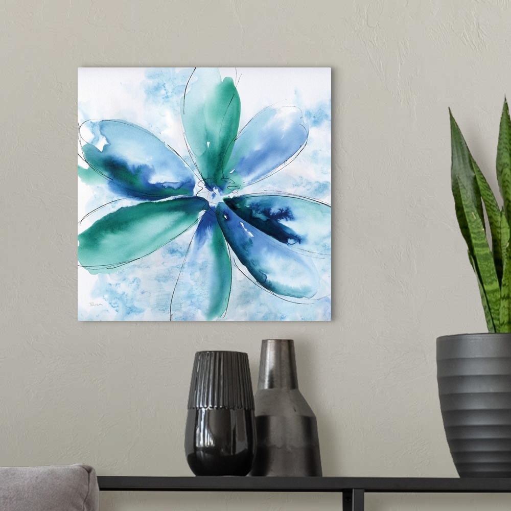 A modern room featuring Abstract painting of a flower in blue and green tones with a thin black tracing on a square backg...