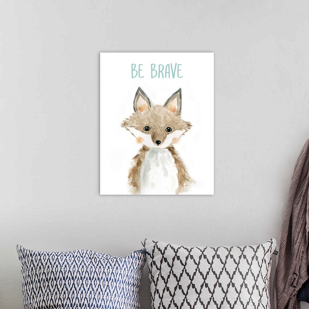 A bohemian room featuring A cute and whimsical illustration of a fox with the words 'Be Brave'. Perfect for a gender neutra...
