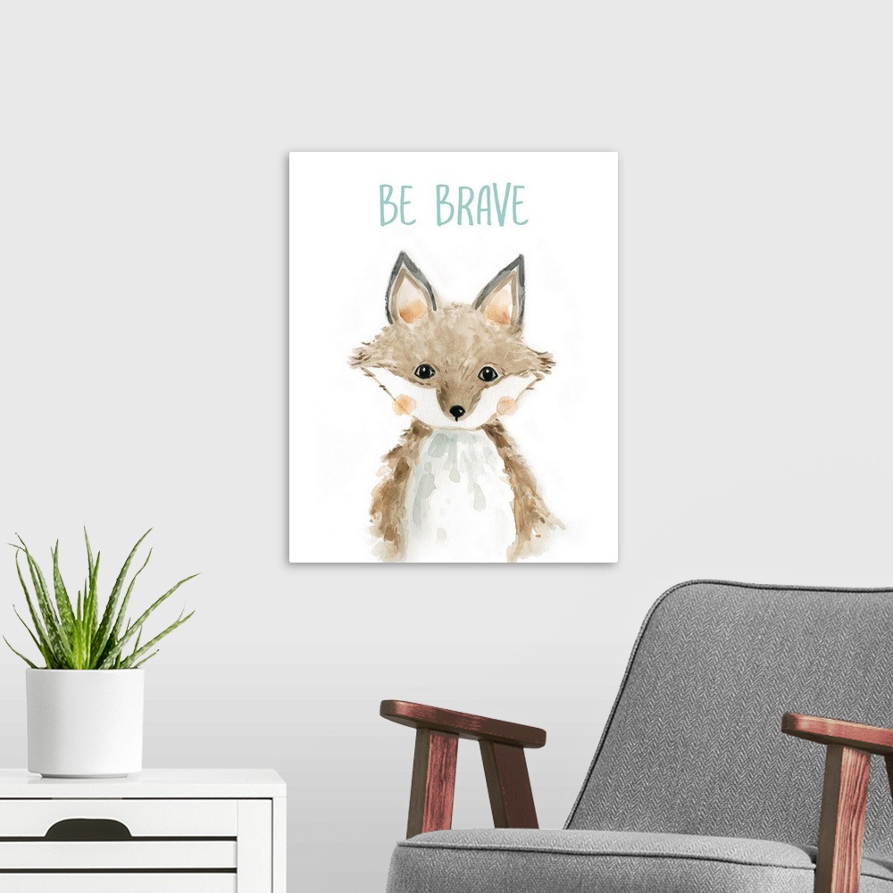 A modern room featuring A cute and whimsical illustration of a fox with the words 'Be Brave'. Perfect for a gender neutra...