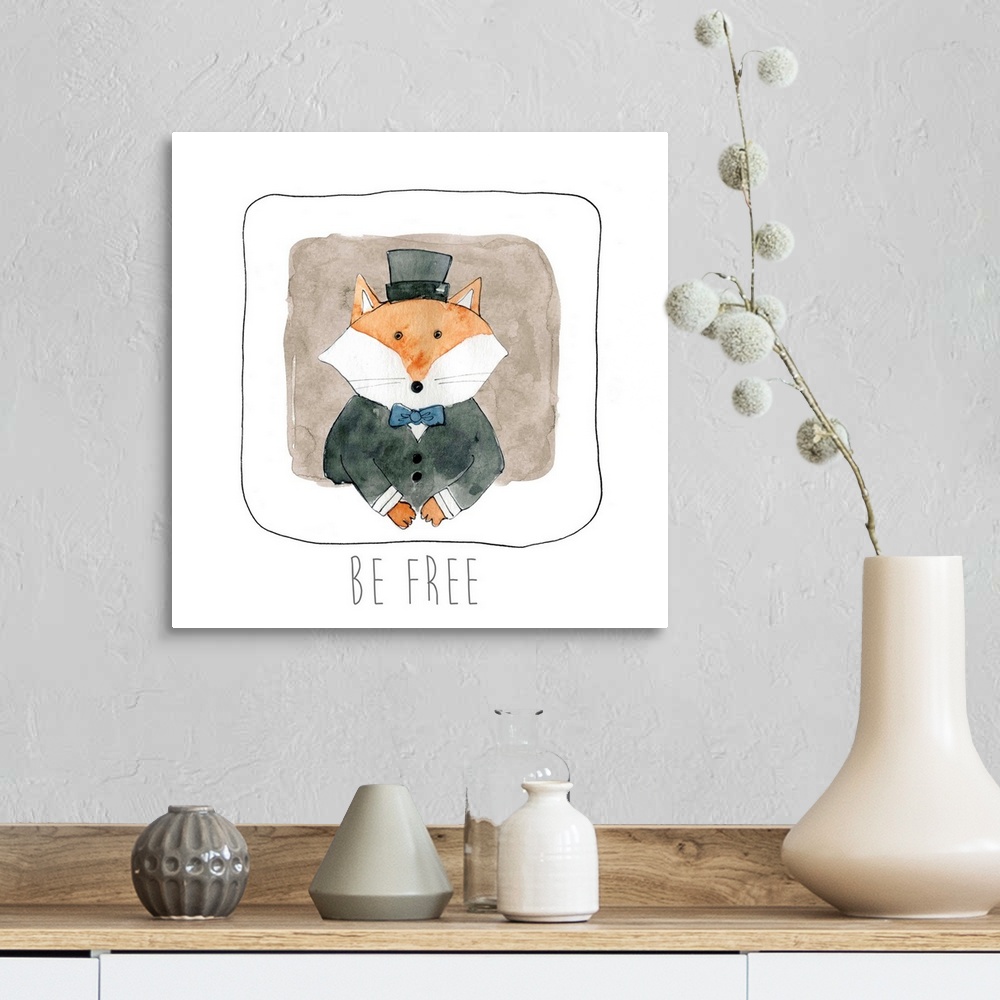 A farmhouse room featuring Square whimsy watercolor painting of of fox dressed up in a black coat and top hat with the phras...