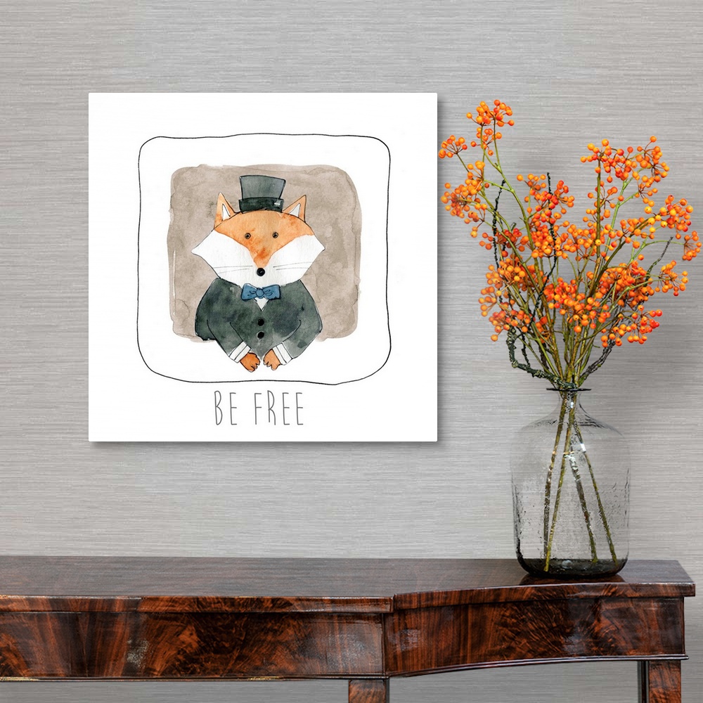 A traditional room featuring Square whimsy watercolor painting of of fox dressed up in a black coat and top hat with the phras...