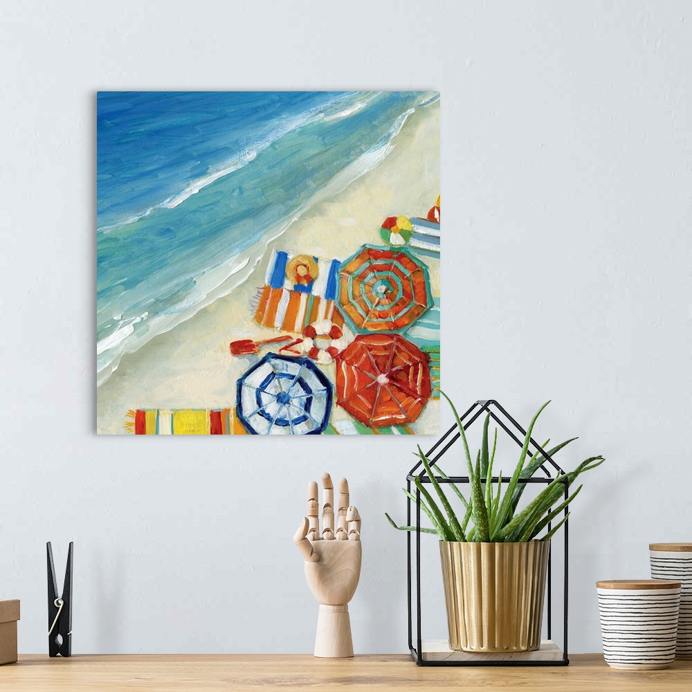 A bohemian room featuring Contemporary painting of an aerial view of umbrellas, beach blankets, and other beach accessories.