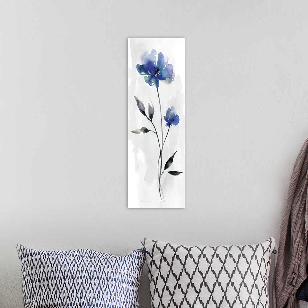 A bohemian room featuring Contemporary watercolor panel painting with two flowers in shades of blue, purple, and green on a...