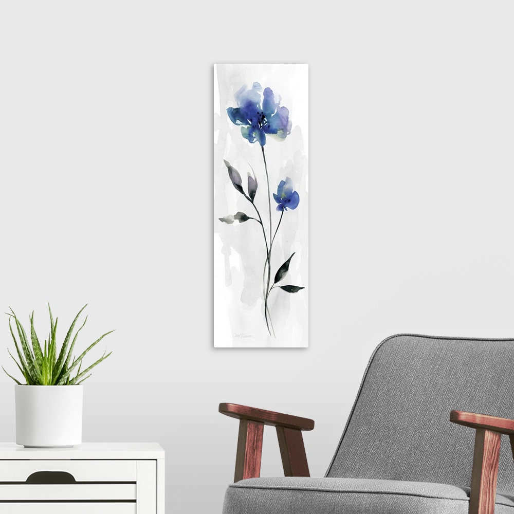A modern room featuring Contemporary watercolor panel painting with two flowers in shades of blue, purple, and green on a...
