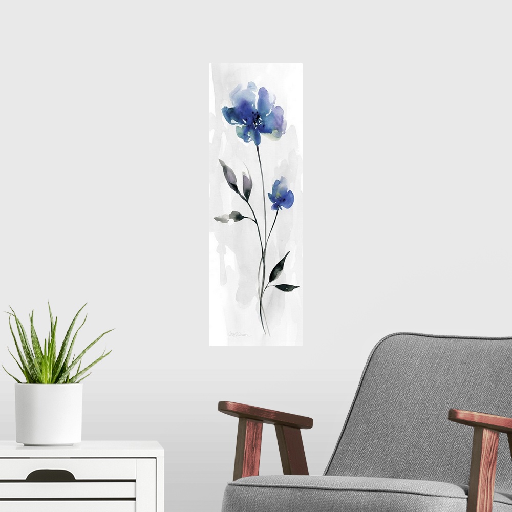 A modern room featuring Contemporary watercolor panel painting with two flowers in shades of blue, purple, and green on a...