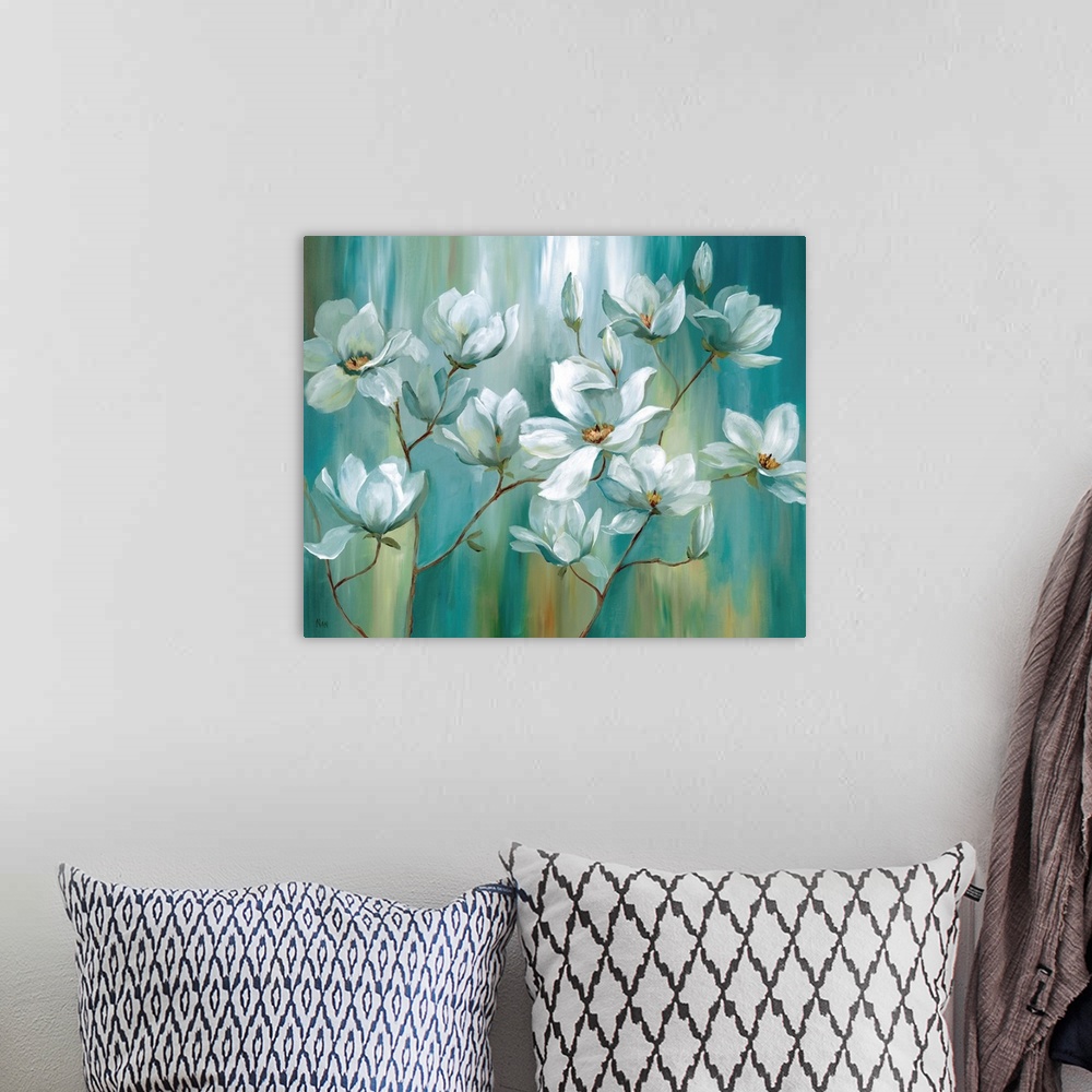 A bohemian room featuring Contemporary painting of white flowers on a vertically painted blue, green, white, and gold backg...