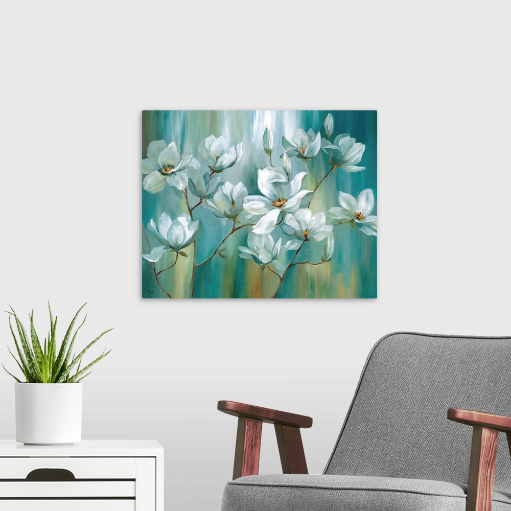 A modern room featuring Contemporary painting of white flowers on a vertically painted blue, green, white, and gold backg...