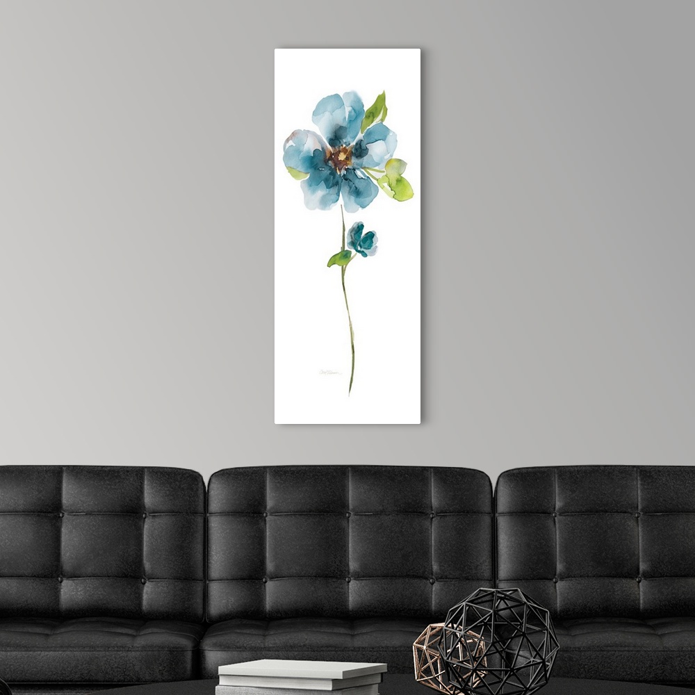 A modern room featuring Watercolor painting of a bright blue flower on a white background.