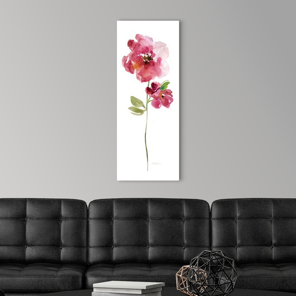 A modern room featuring Watercolor painting of a bright red flower on a white background.