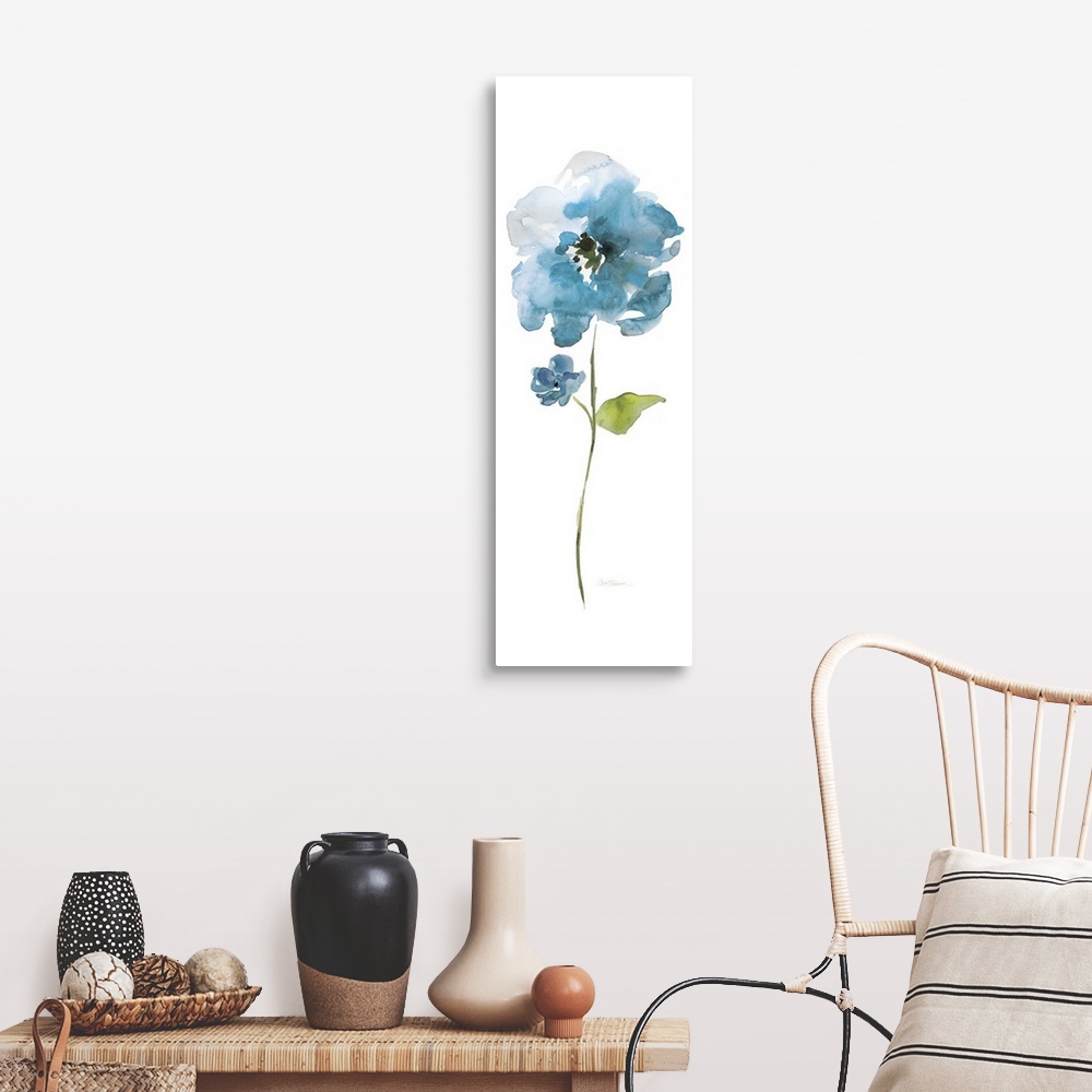 A farmhouse room featuring Watercolor painting of a bright blue flower on a white background.