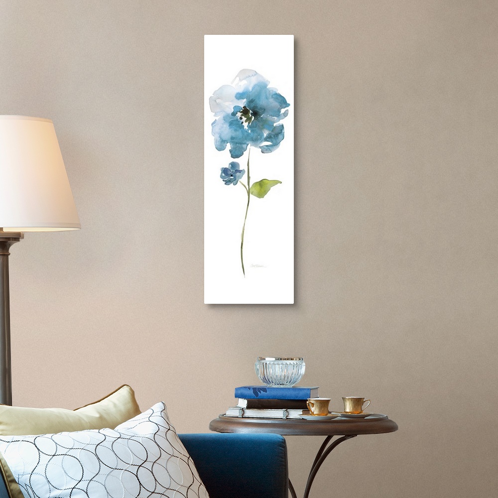 A traditional room featuring Watercolor painting of a bright blue flower on a white background.