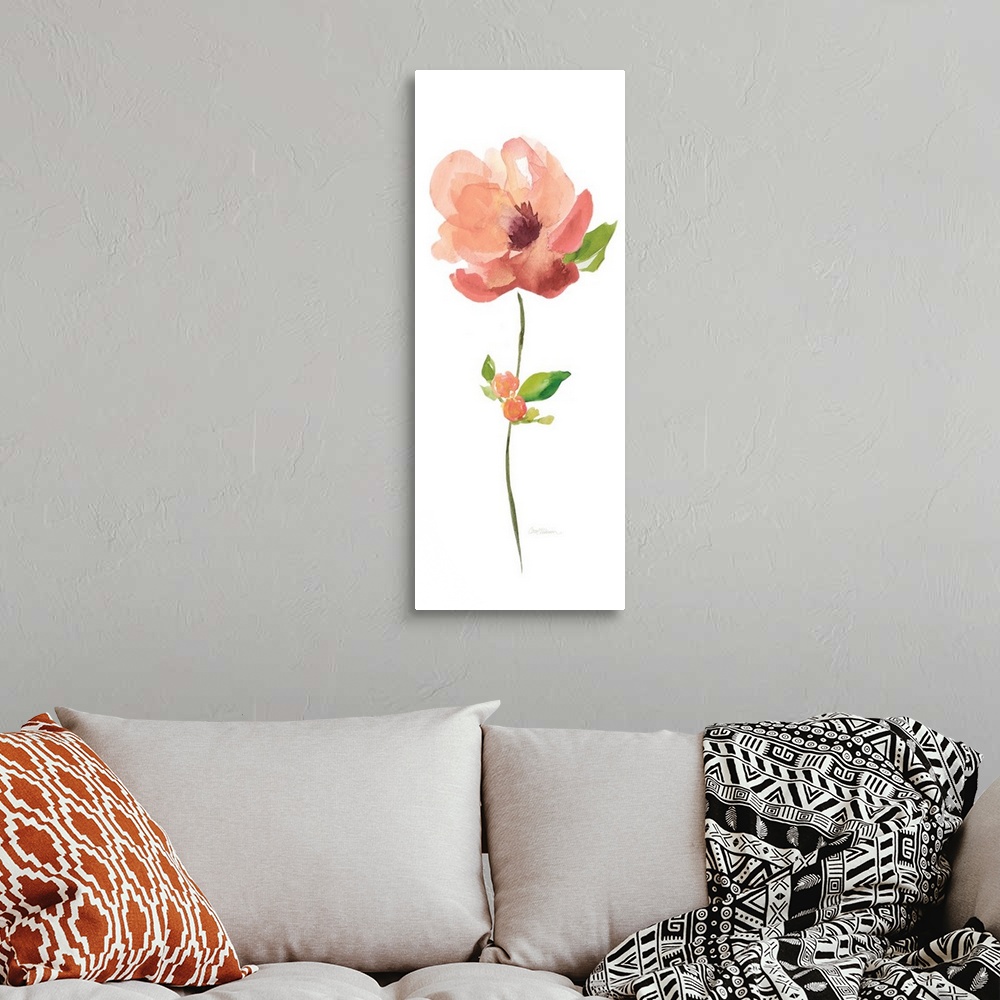 A bohemian room featuring Watercolor painting of a bright orange flower on a white background.