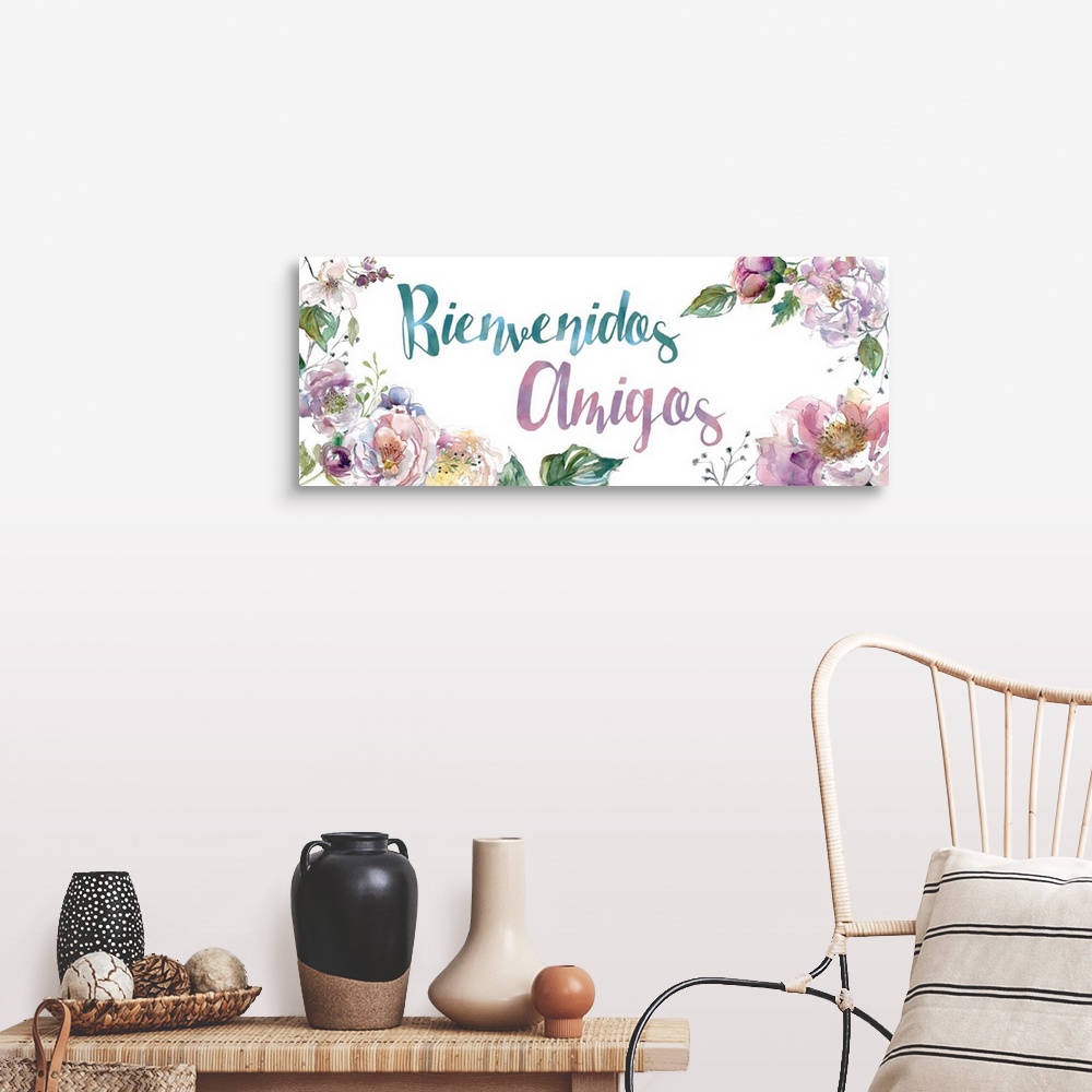 A farmhouse room featuring The words "Bienvenidos Amigos" is delicately illuminated with assorted watercolor flowers and fol...