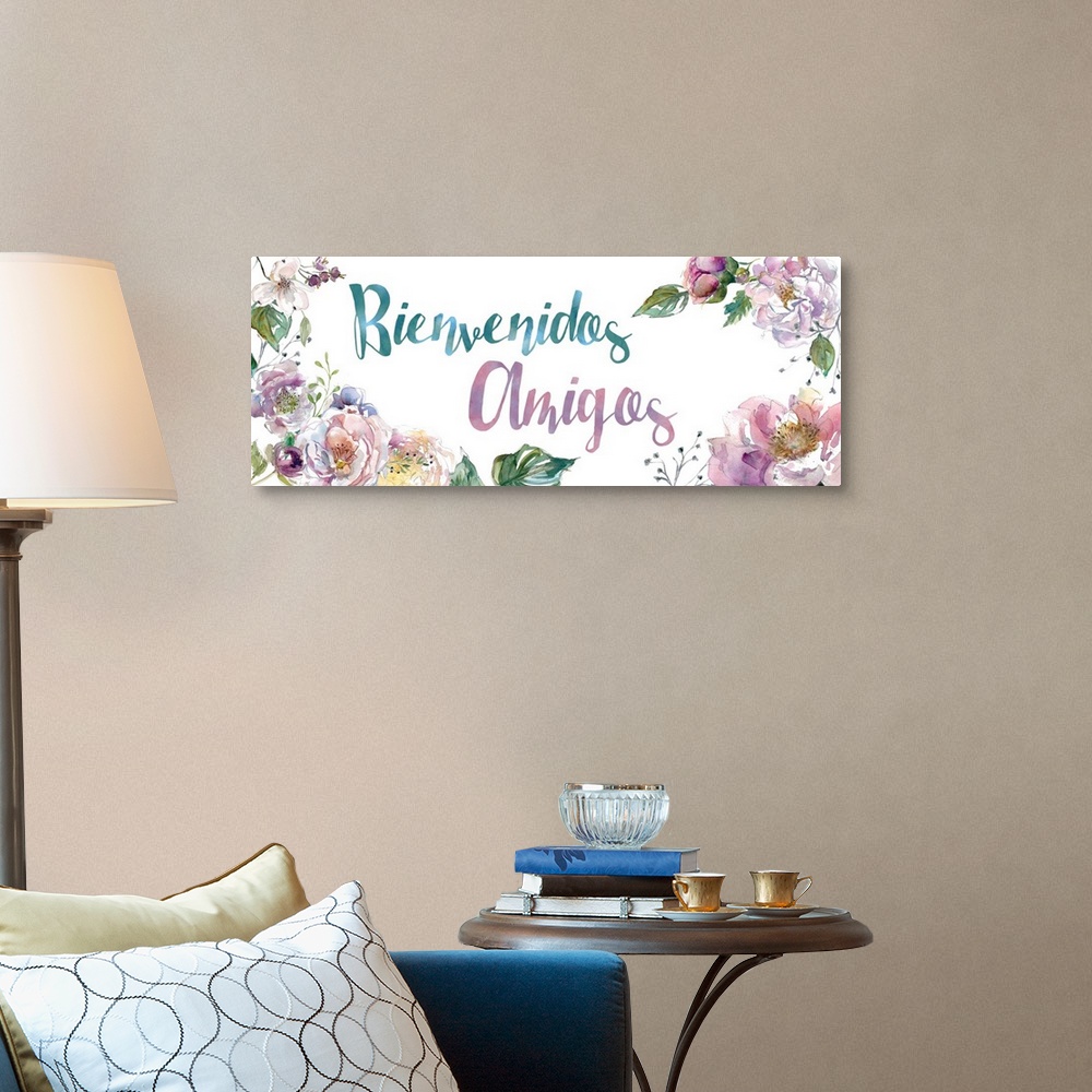 A traditional room featuring The words "Bienvenidos Amigos" is delicately illuminated with assorted watercolor flowers and fol...