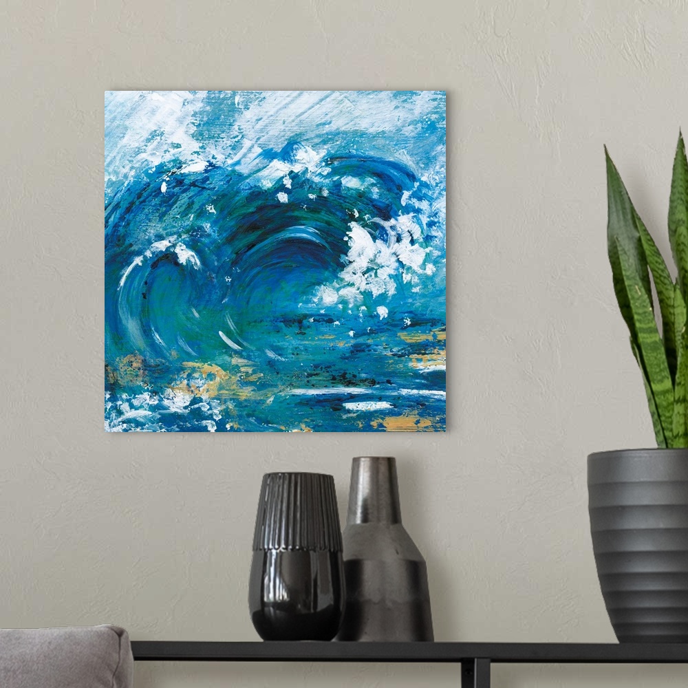A modern room featuring Square painting of a big wave with metallic gold.