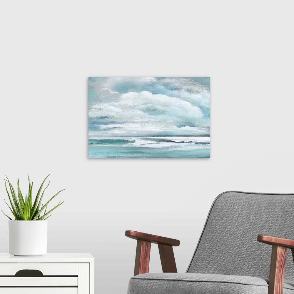 A modern room featuring Cool toned landscape painting of fluffy clouds over the ocean.