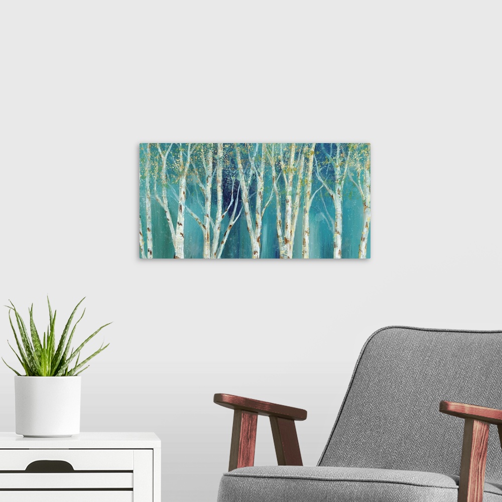 A modern room featuring Large horizontal painting of Birch tree trunks with gold and green leaves on a background made wi...