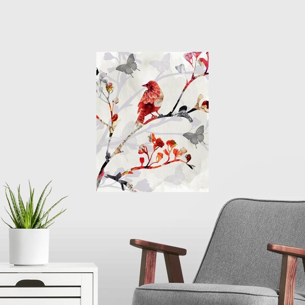 A modern room featuring Bird And Cherry Blossoms I