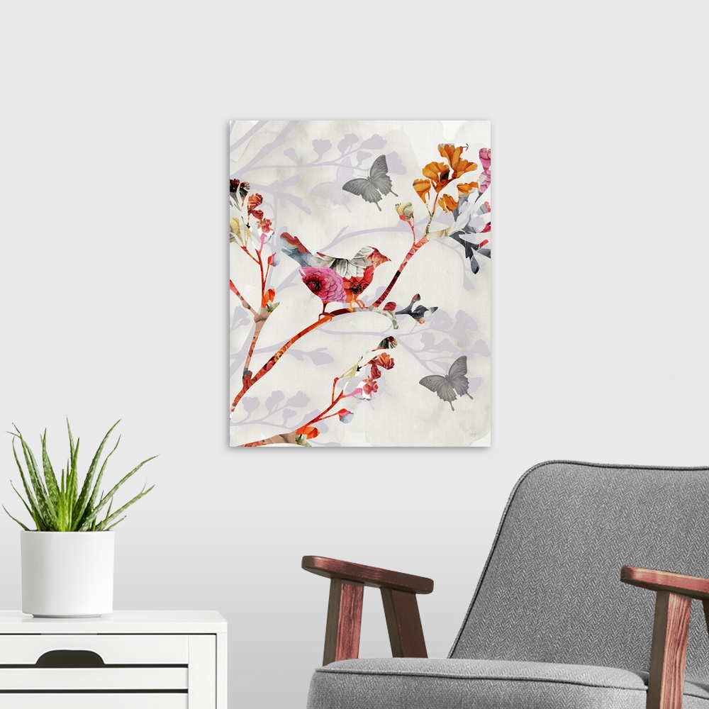 A modern room featuring Bird And Cherry Blossoms II