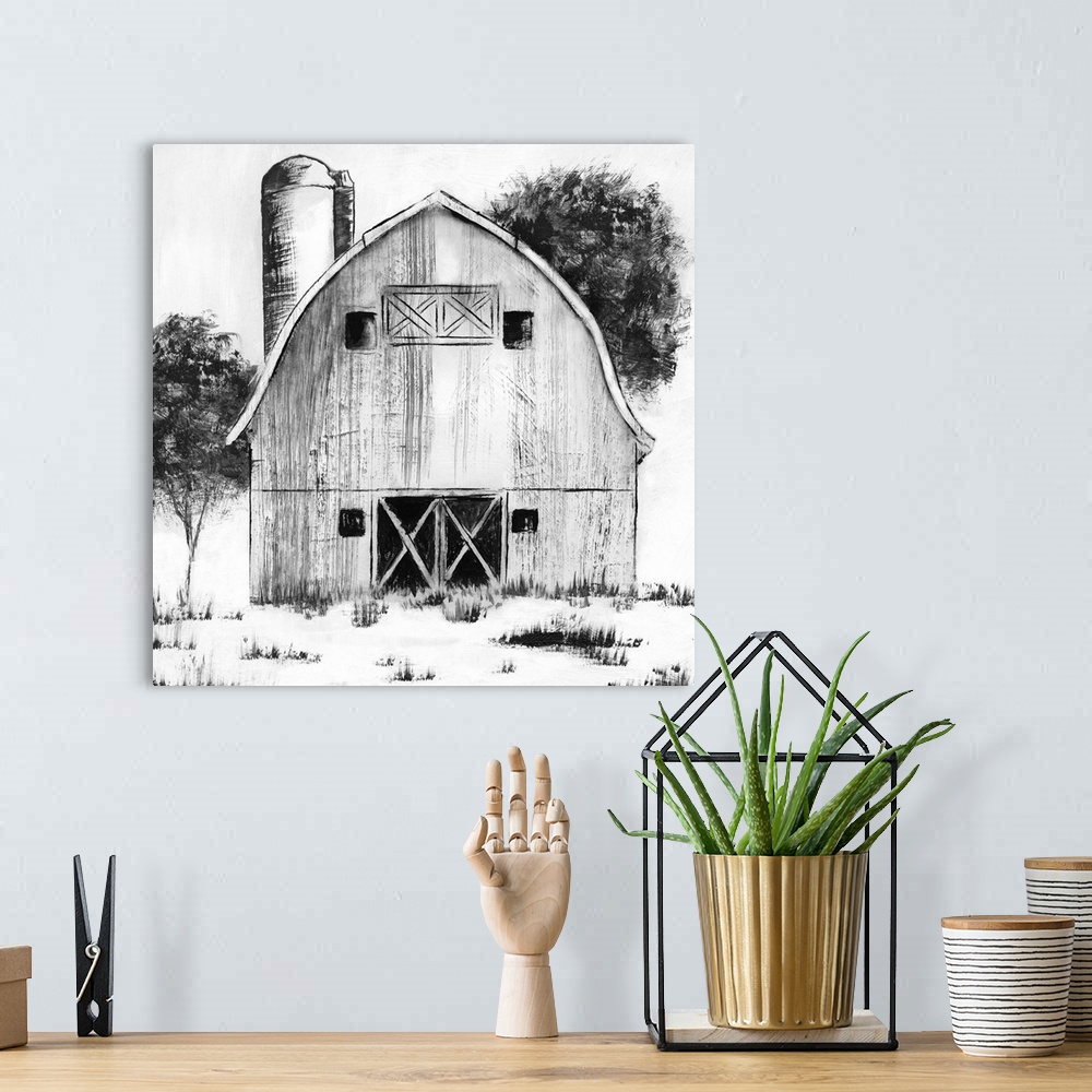 A bohemian room featuring Black and White Barn I