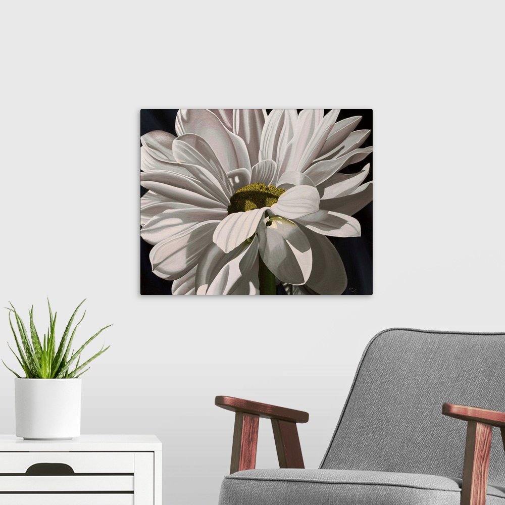 A modern room featuring Contemporary painting of a close-up of a daisy against a black background.
