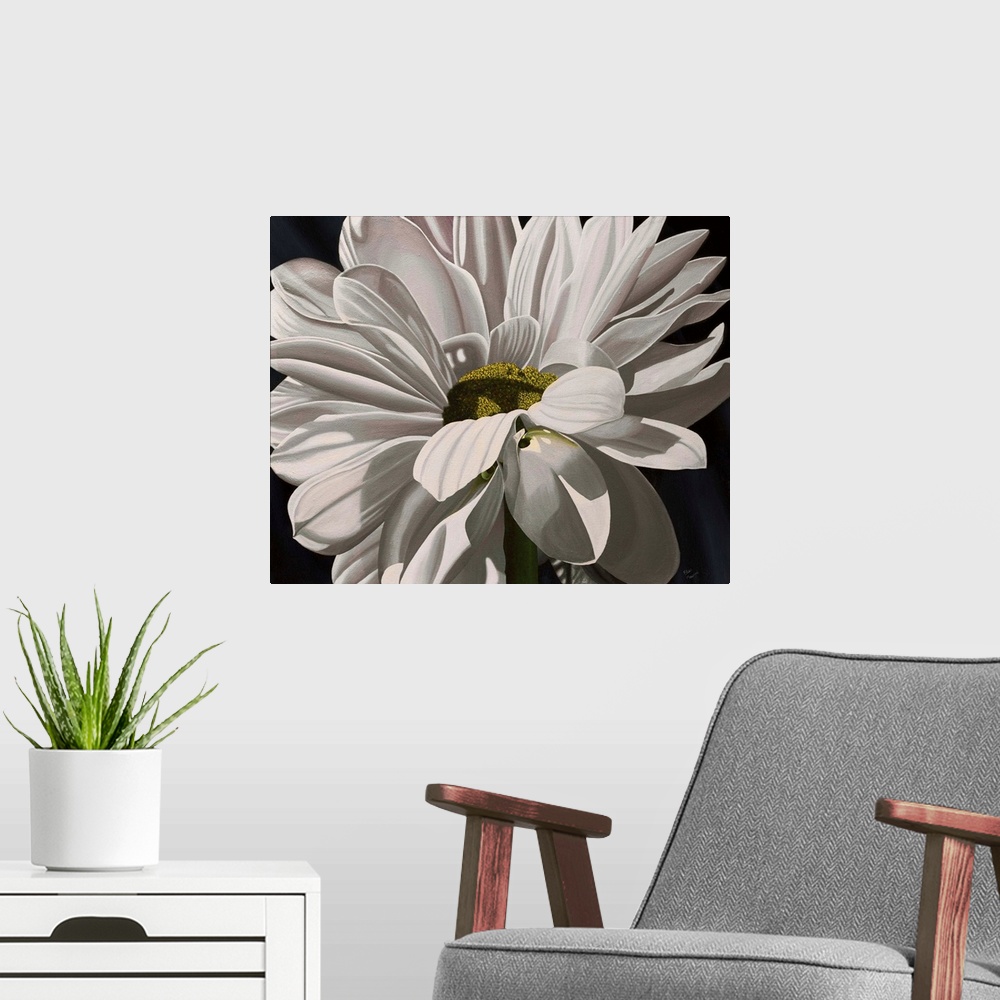 A modern room featuring Contemporary painting of a close-up of a daisy against a black background.