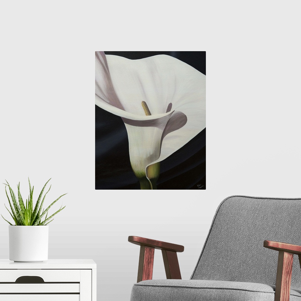 A modern room featuring Contemporary painting of a close-up of a calla lily against a black background.