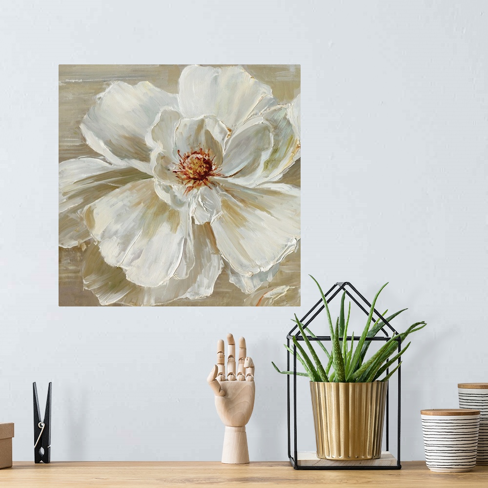 A bohemian room featuring Contemporary square painting of a white flower on a neutral colored background.