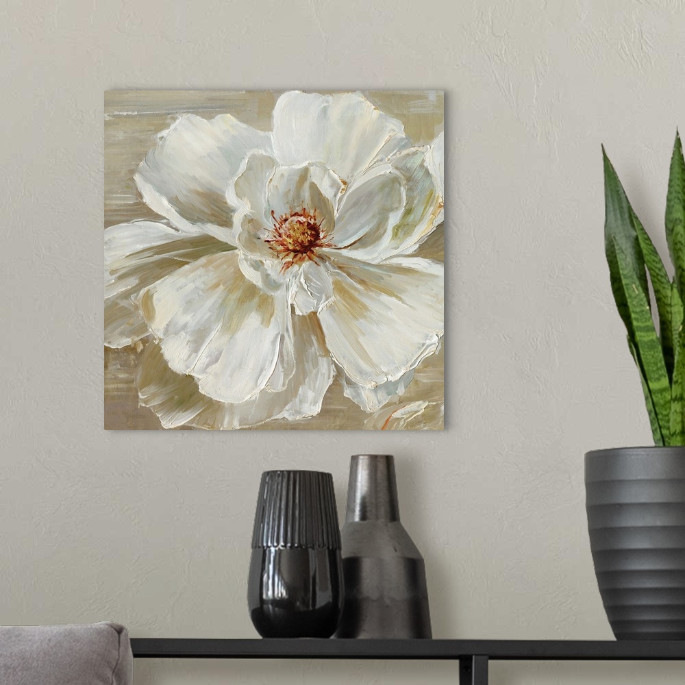 A modern room featuring Contemporary square painting of a white flower on a neutral colored background.