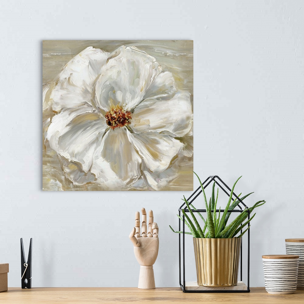 A bohemian room featuring Square contemporary painting of one large white flower on a neutral colored background.