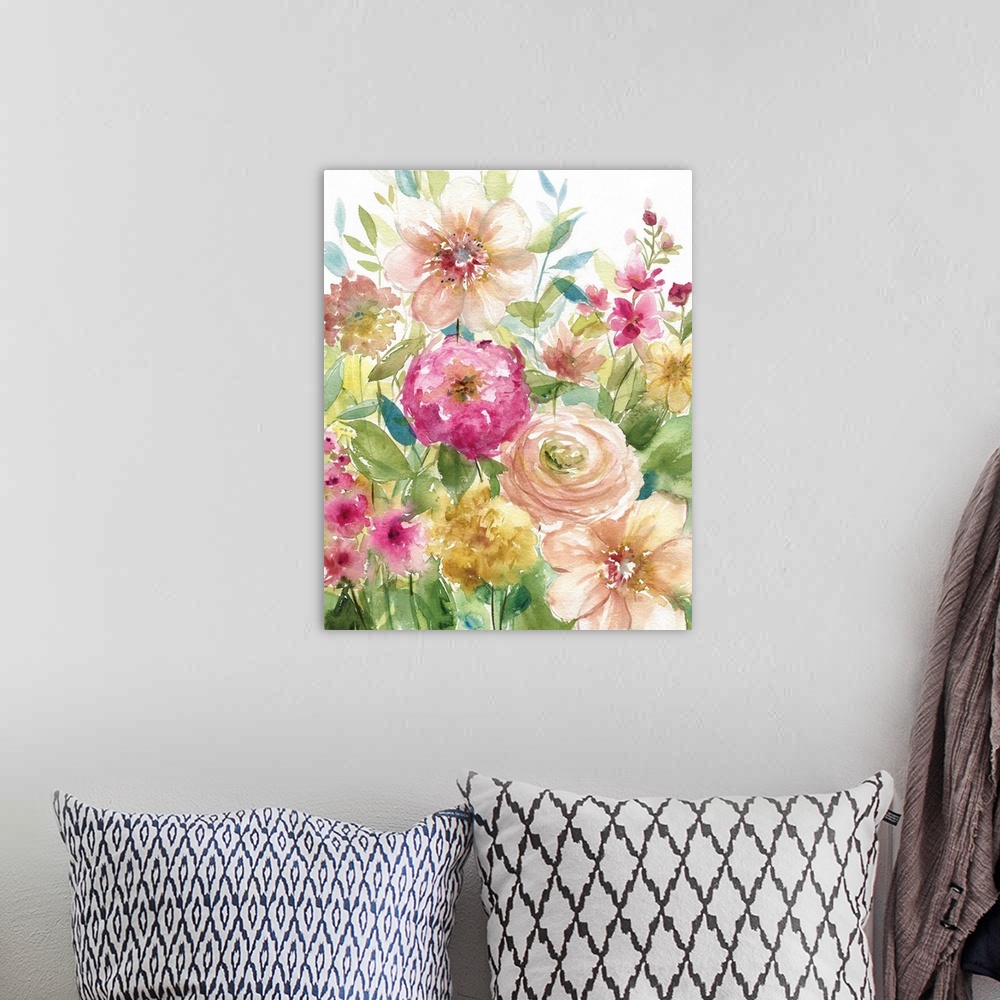 A bohemian room featuring Watercolor painting of a garden full of pink and yellow toned flowers.