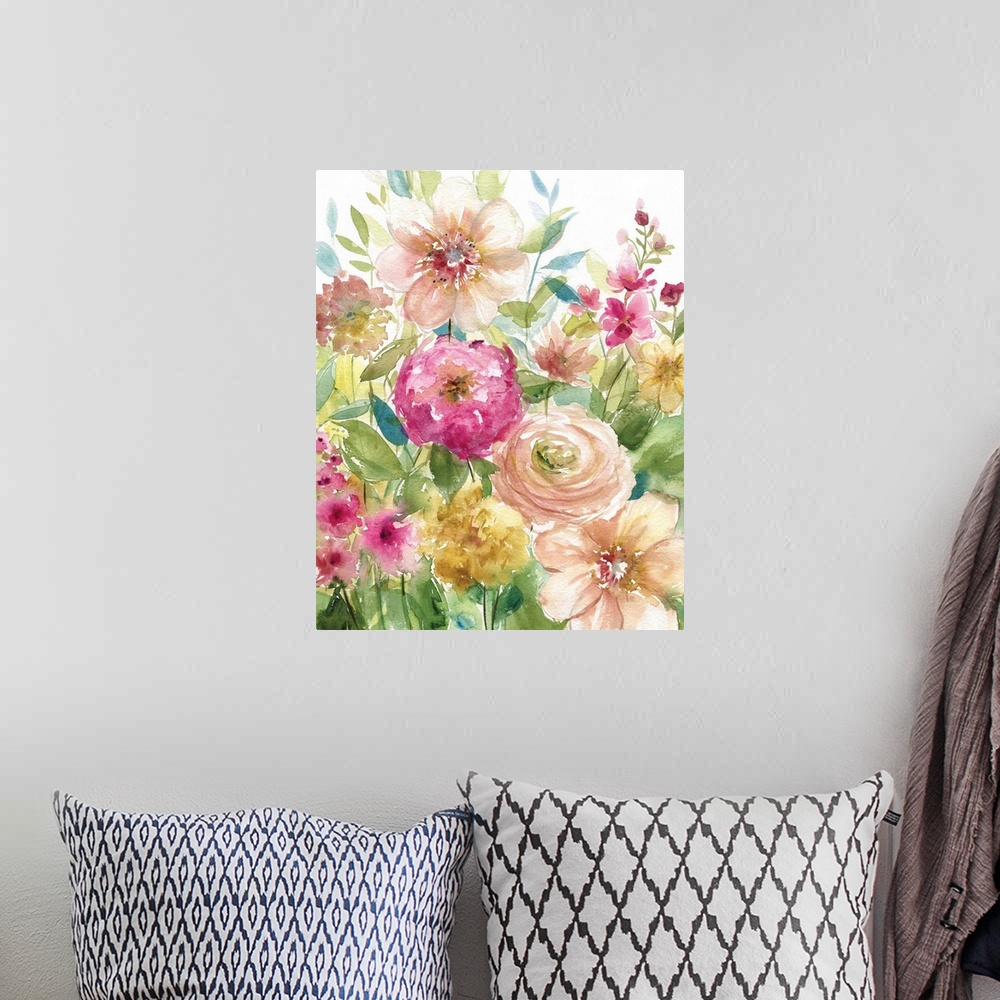 A bohemian room featuring Watercolor painting of a garden full of pink and yellow toned flowers.