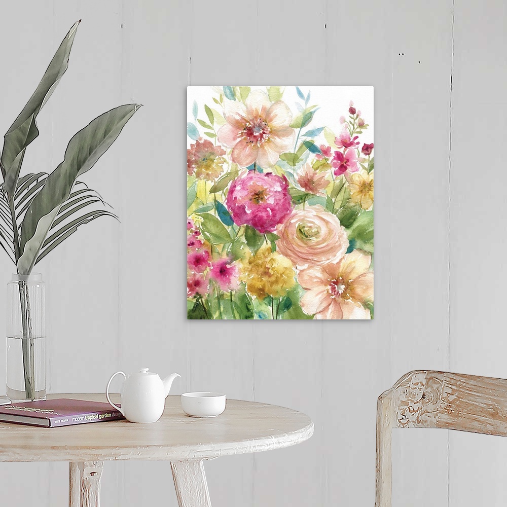 A farmhouse room featuring Watercolor painting of a garden full of pink and yellow toned flowers.