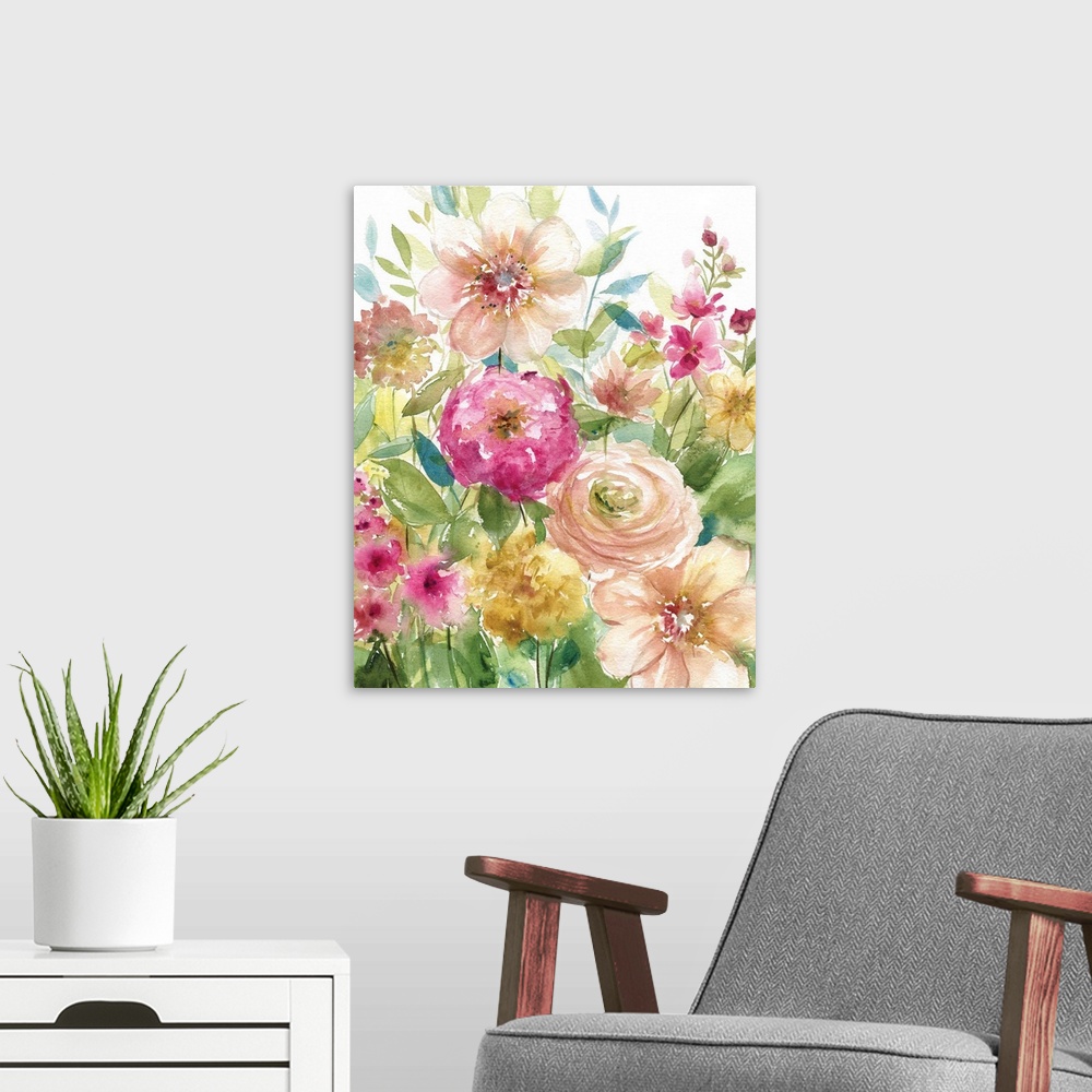 A modern room featuring Watercolor painting of a garden full of pink and yellow toned flowers.