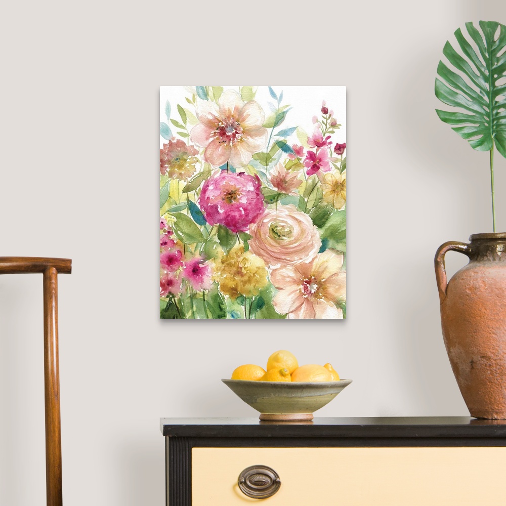 A traditional room featuring Watercolor painting of a garden full of pink and yellow toned flowers.