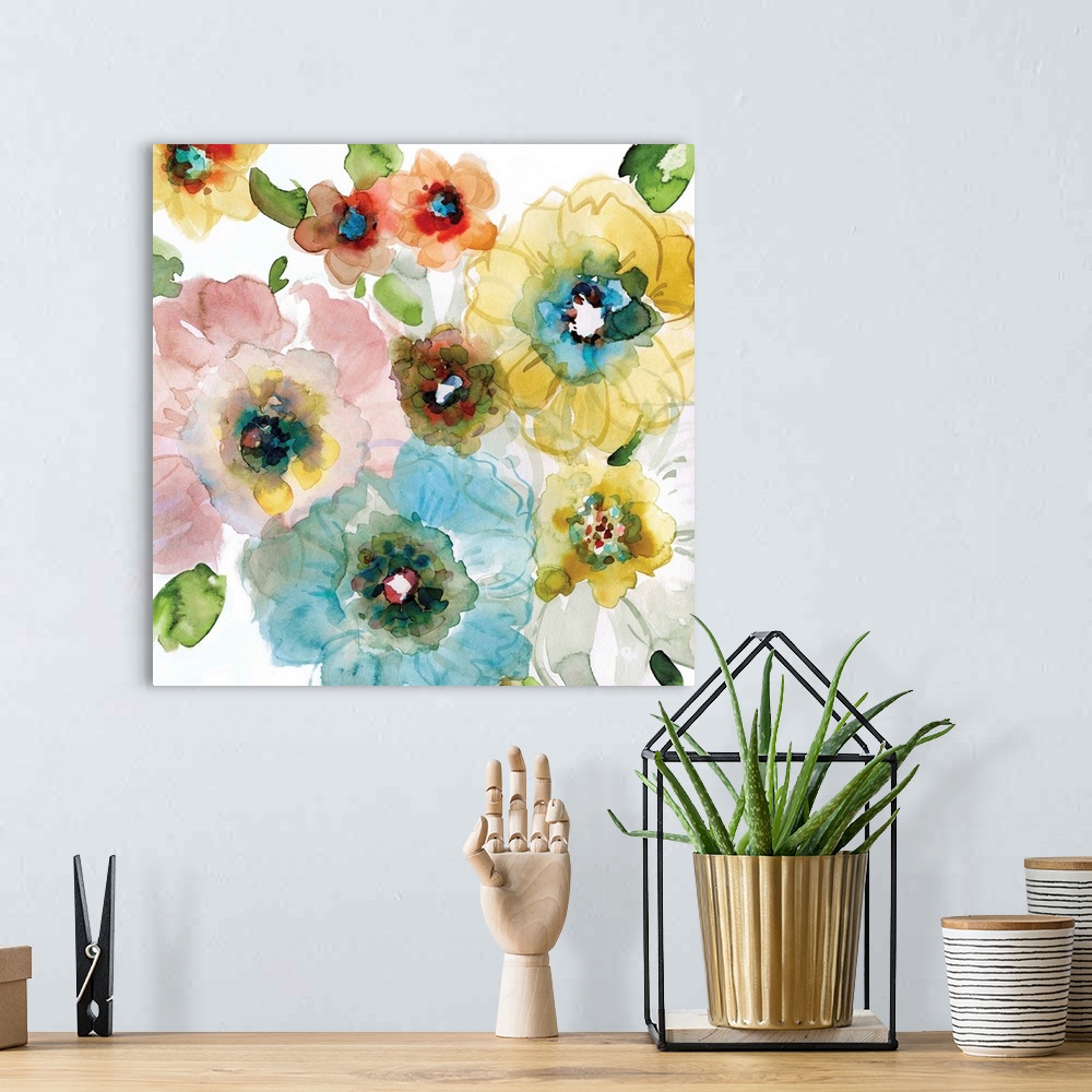 A bohemian room featuring Square watercolor painting of colorful flowers.