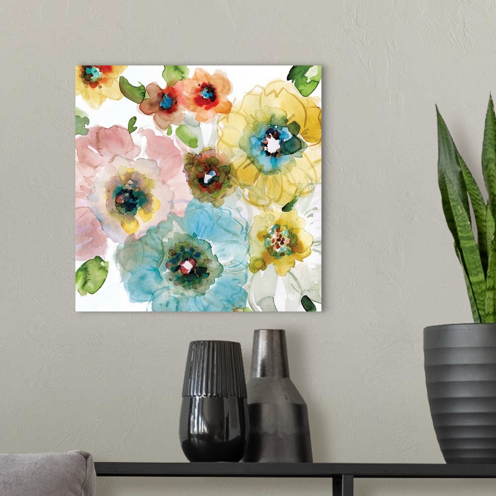 A modern room featuring Square watercolor painting of colorful flowers.