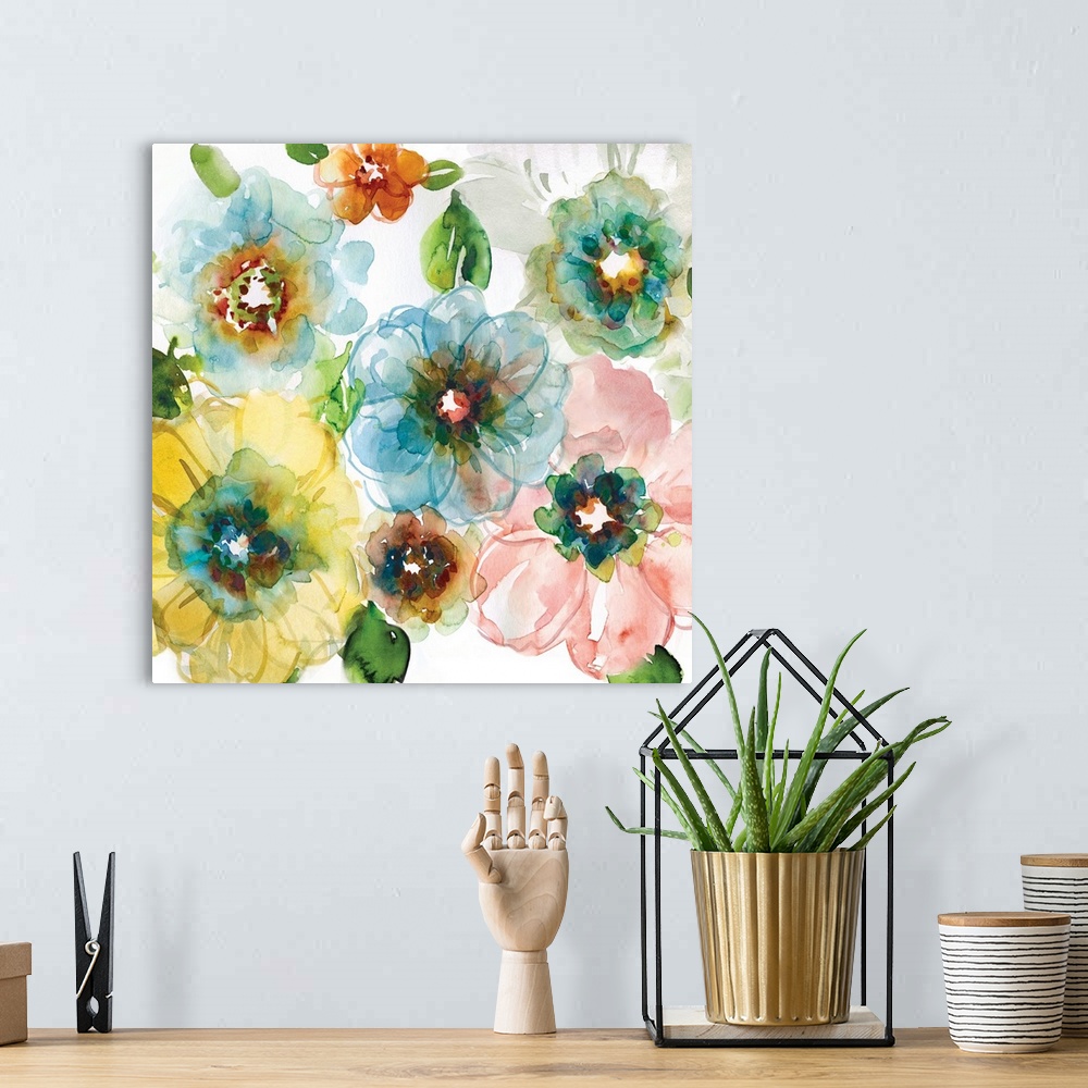 A bohemian room featuring Square watercolor painting of colorful flowers.