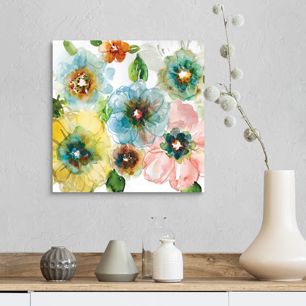 A farmhouse room featuring Square watercolor painting of colorful flowers.