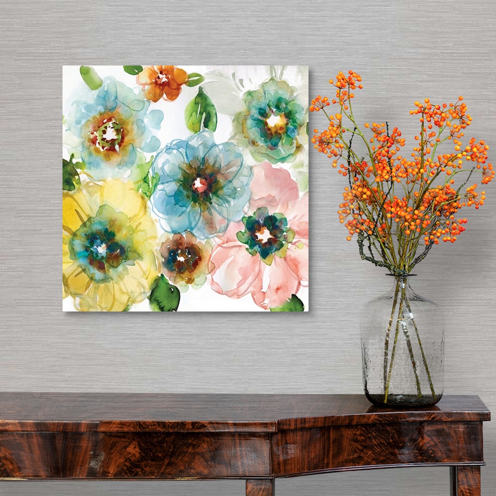 A traditional room featuring Square watercolor painting of colorful flowers.
