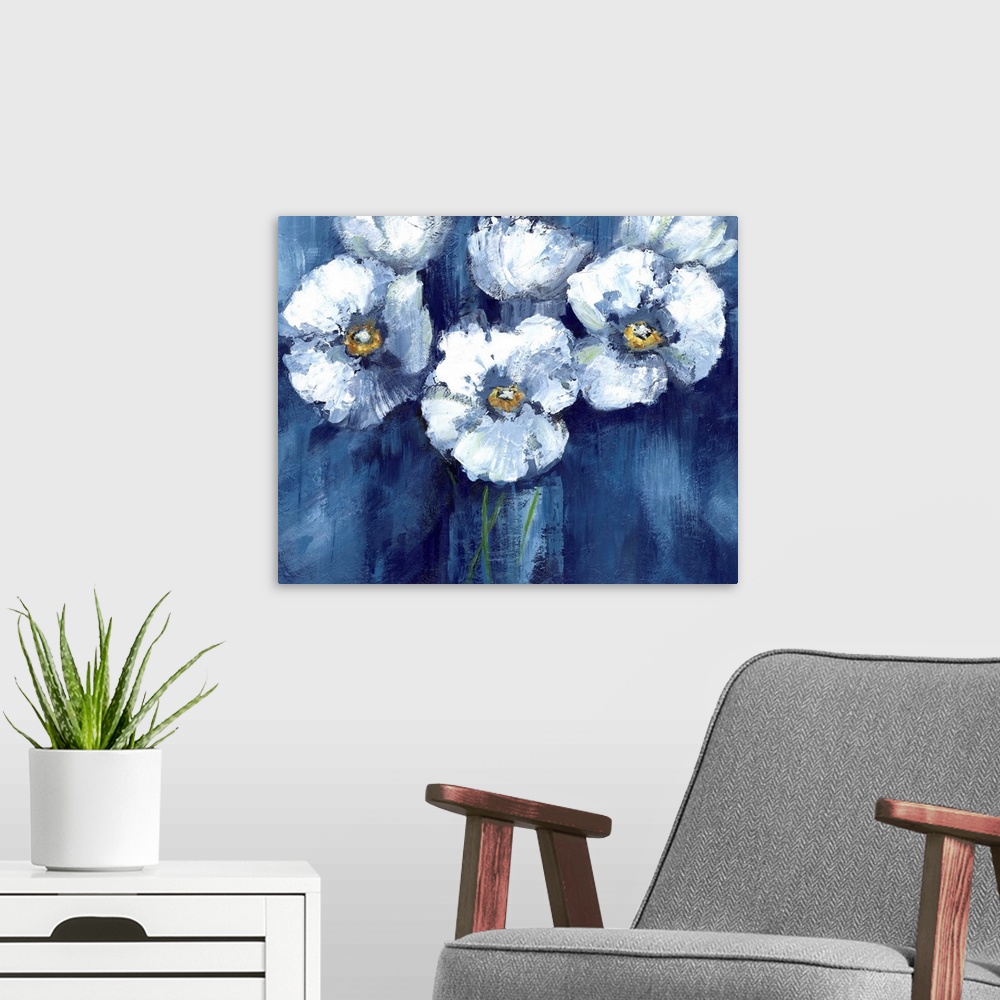 A modern room featuring Large painting of white poppy flowers on a dark blue background.