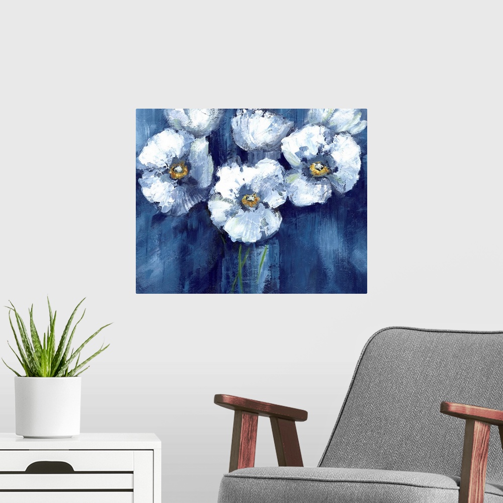 A modern room featuring Large painting of white poppy flowers on a dark blue background.