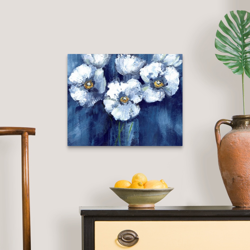 A traditional room featuring Large painting of white poppy flowers on a dark blue background.