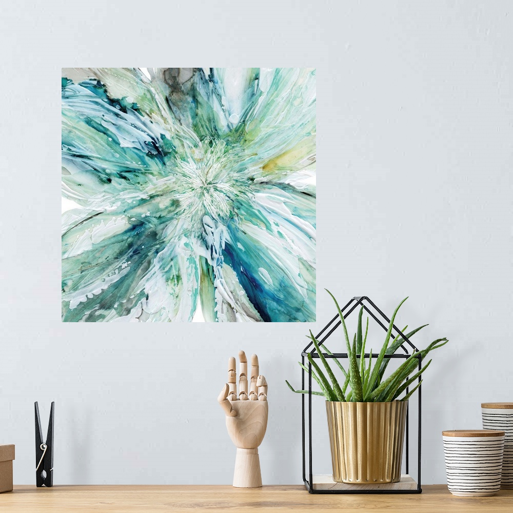 A bohemian room featuring Square abstract painting of a large flower with thick layered paint in shades of blue, yellow, gr...