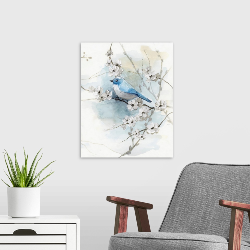 A modern room featuring Blossoms And Bluebird II